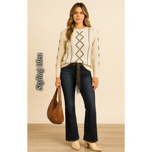 TALBOTS Womans SZ LP Sweater Cream Cable Knit Black velvet Ribbon Argyle Sweater